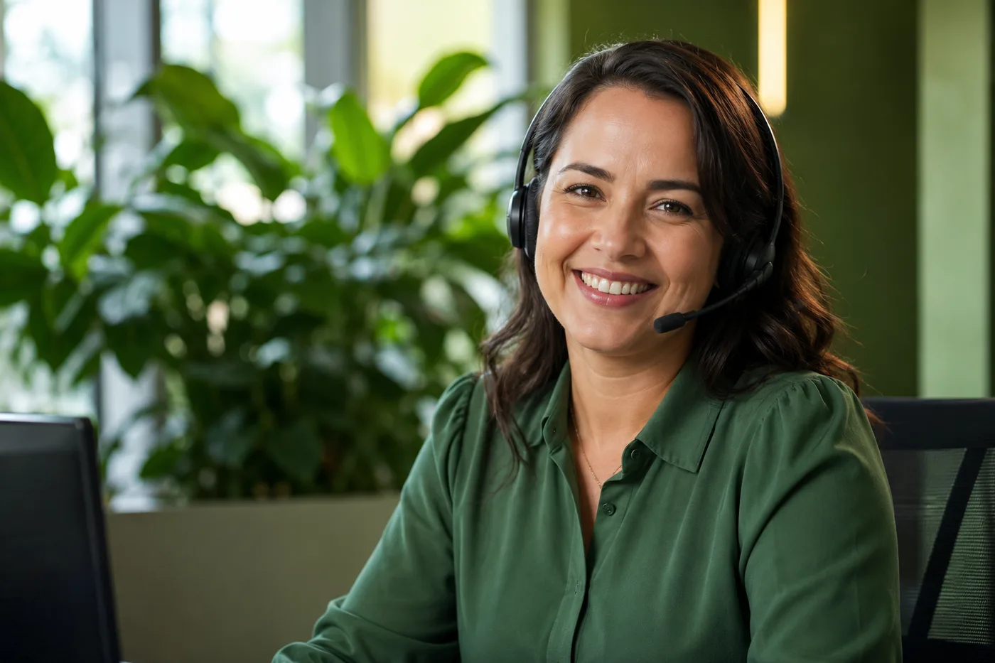 Atendente do suporte sorrindo com headset