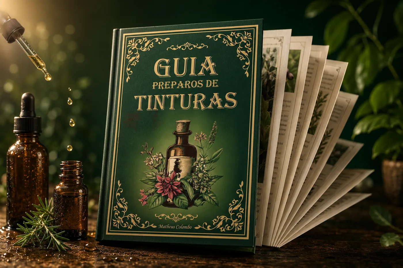 Mock-up do Guia de Tinturas de Ervas Medicinais com páginas abertas mostrando ilustrações de frascos, plantas medicinais e receitas práticas