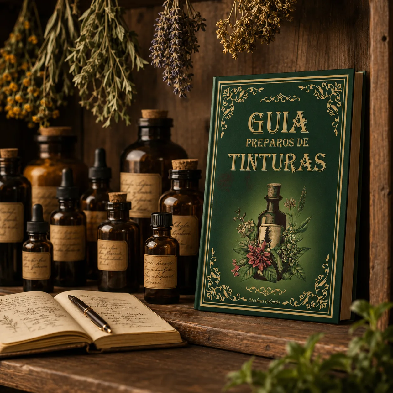 Livro Guia de Preparos de Tinturas ao lado de frascos âmbar, caderno aberto e ervas secas penduradas em prateleira rústica