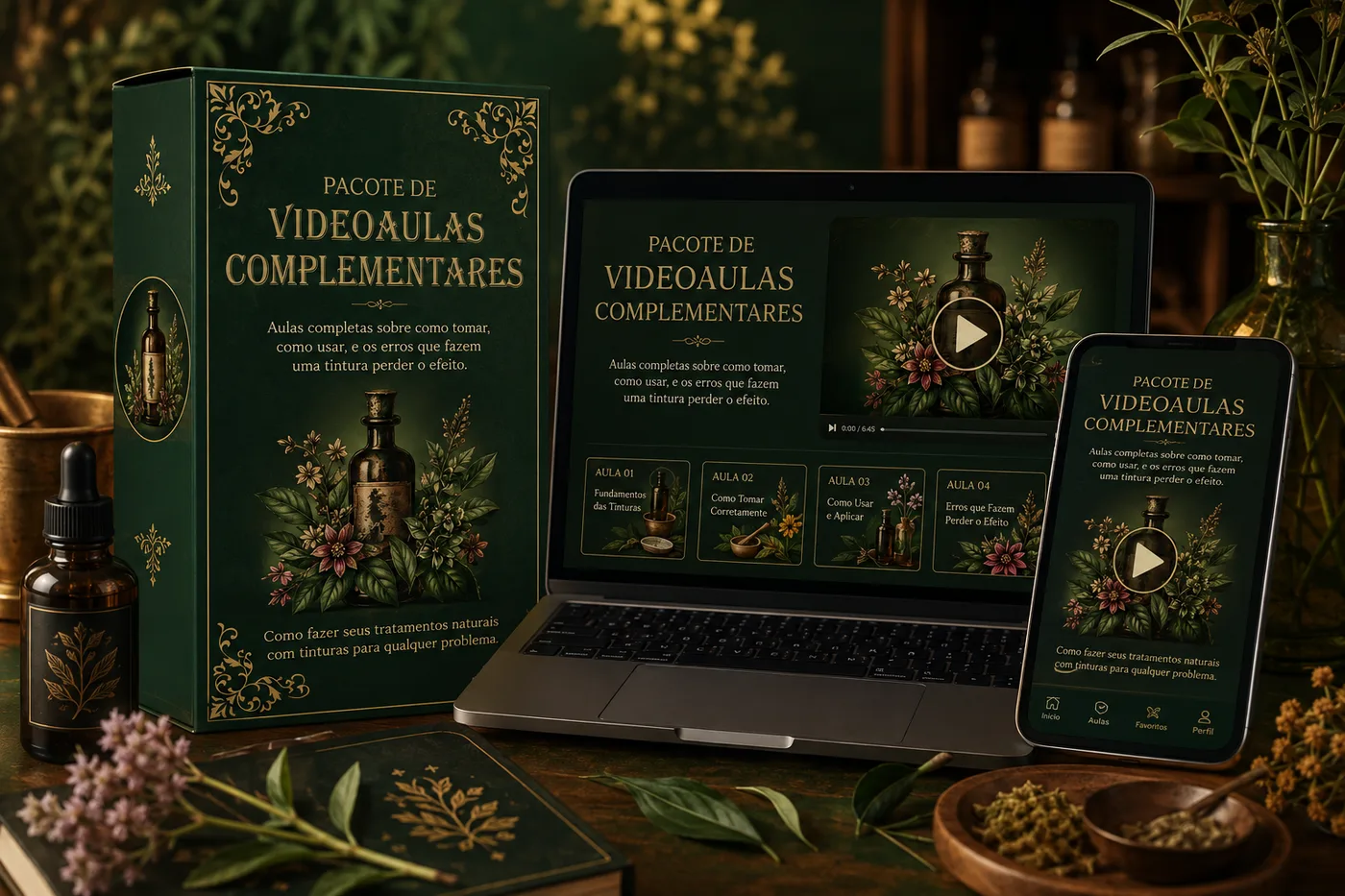 Mockup do Pacote de Videoaulas Complementares mostrado em caixa, laptop e celular com capa verde e detalhes dourados