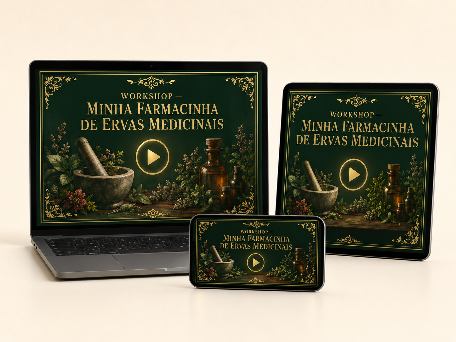 Mockup do Workshop Minha Farmacinha de Ervas Medicinais mostrado em laptop, tablet e celular com capa verde e detalhes dourados