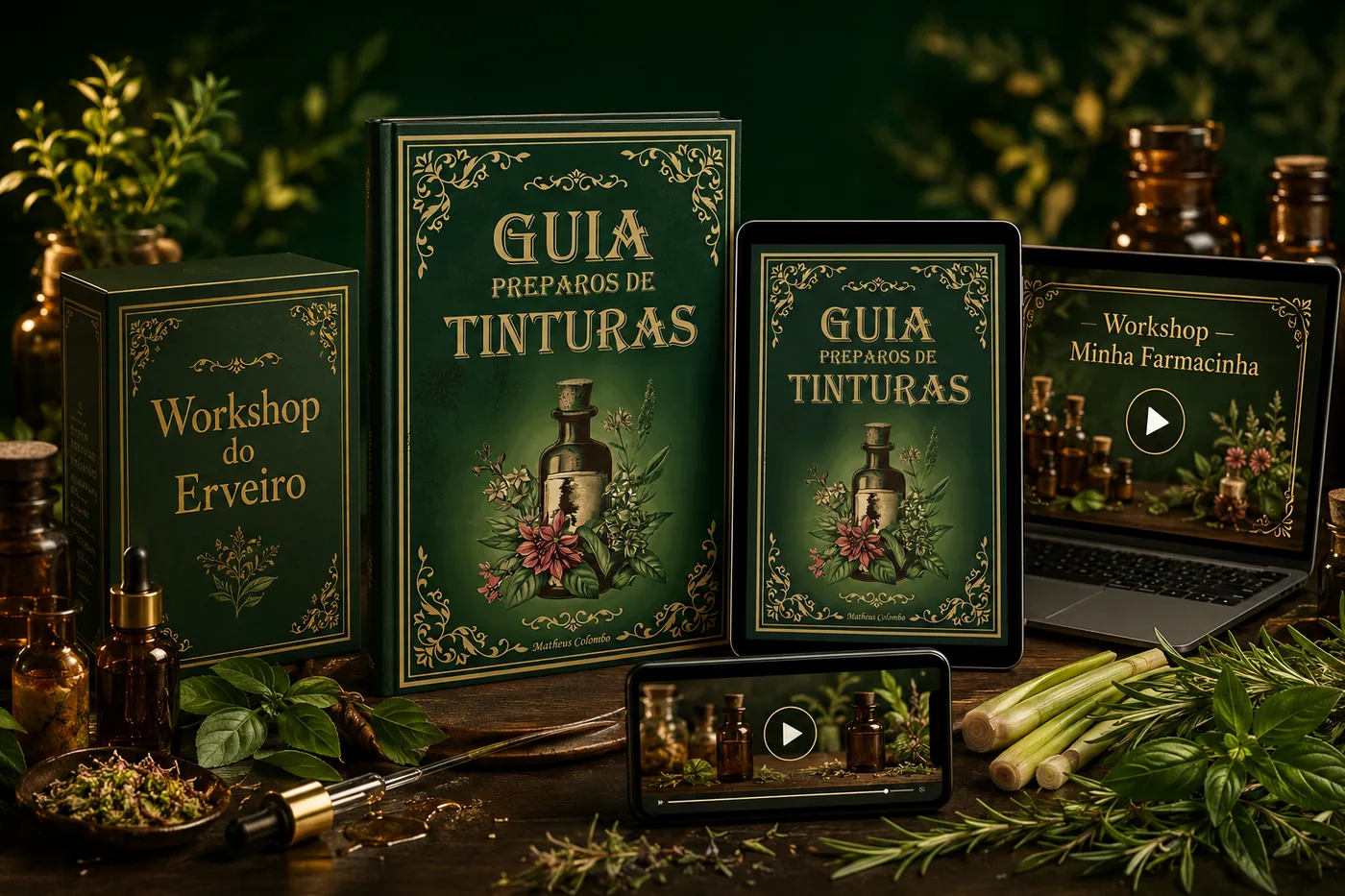 Composição da oferta completa: Guia de Tinturas, Workshop Minha Farmacinha de Ervas e Workshop do Erveiro em múltiplos dispositivos
