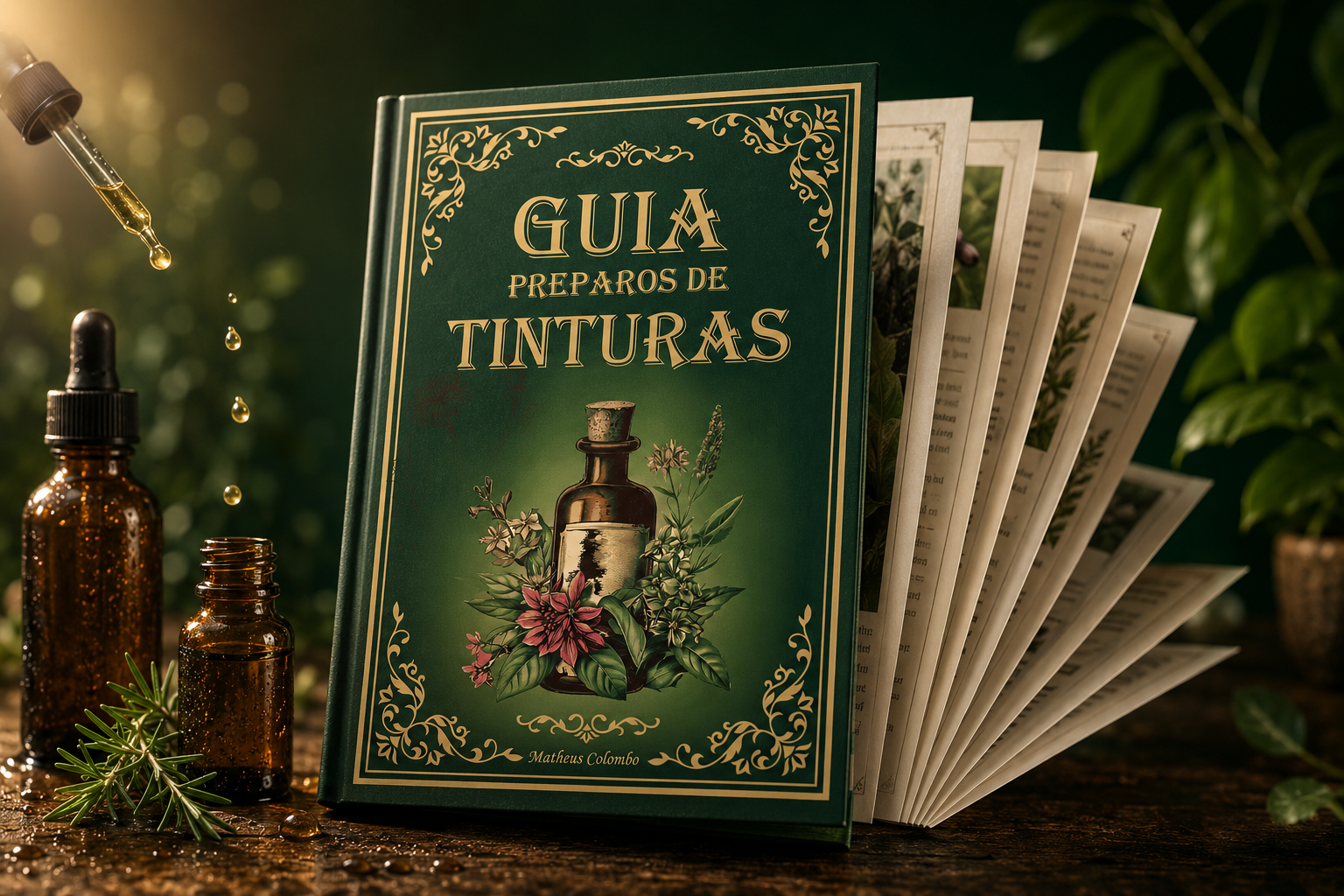 Mock-up do Guia de Tinturas de Ervas Medicinais com páginas abertas mostrando ilustrações de frascos, plantas medicinais e receitas práticas