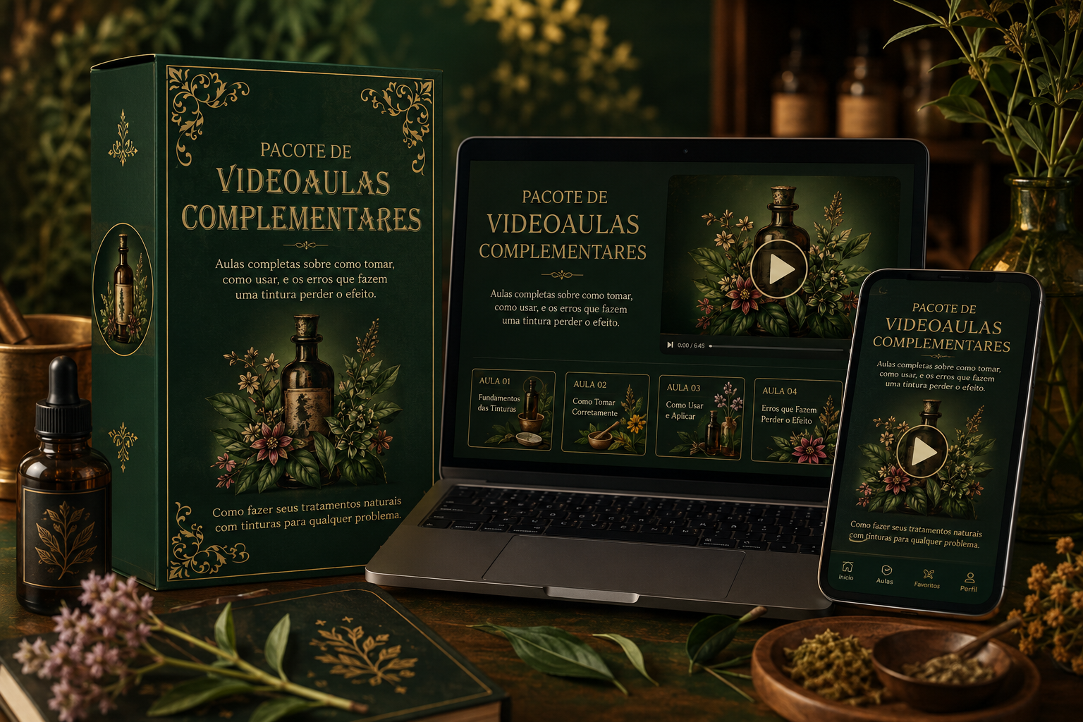Mockup do Pacote de Videoaulas Complementares mostrado em caixa, laptop e celular com capa verde e detalhes dourados