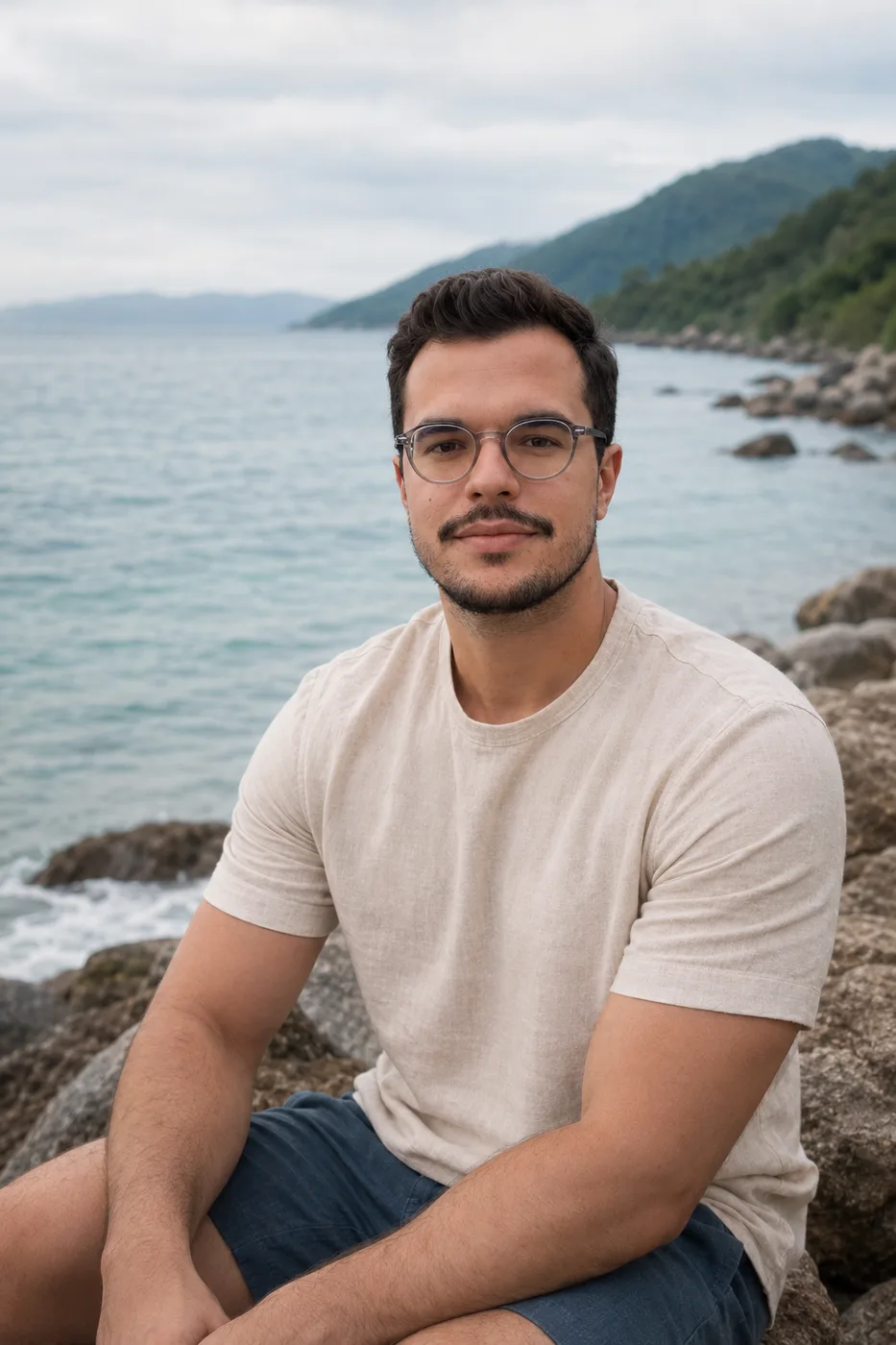 Matheus Colombo, erveiro e professor de plantas medicinais, em cenário natural à beira do mar