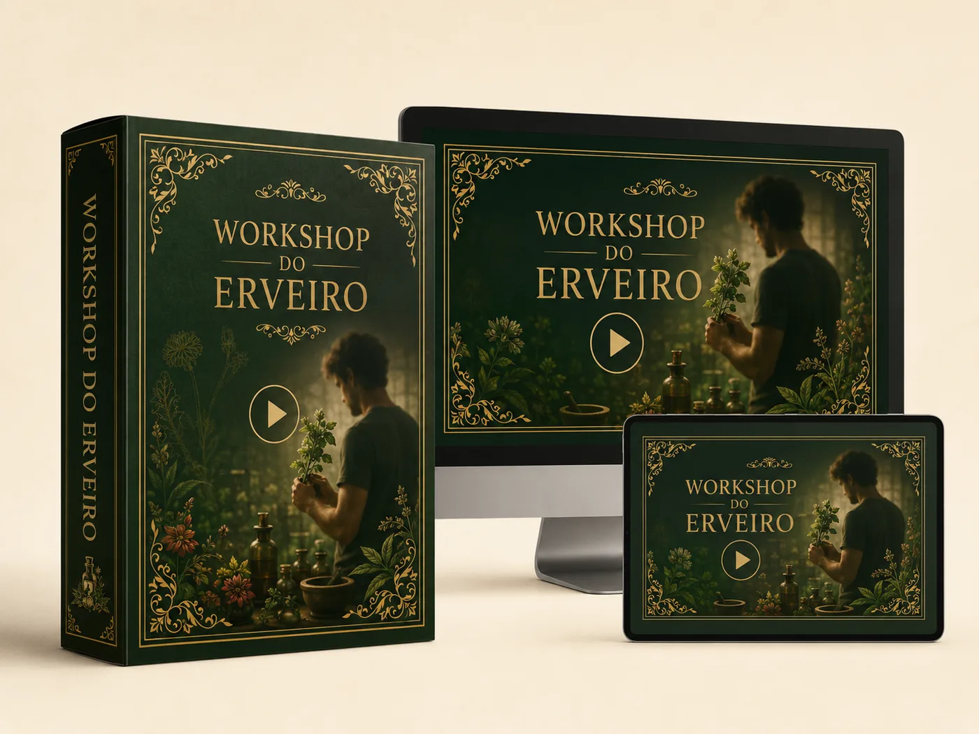 Mockup do Workshop do Erveiro mostrado em caixa, monitor e tablet com capa verde e detalhes dourados