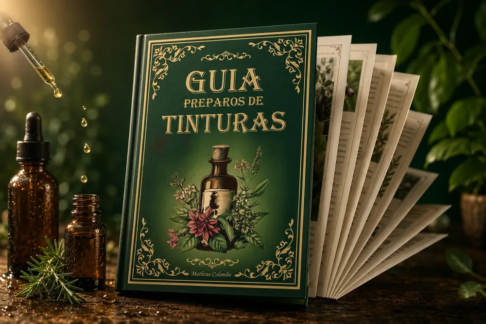 Mock-up do Guia de Tinturas de Ervas Medicinais com páginas abertas mostrando ilustrações de frascos, plantas medicinais e receitas práticas