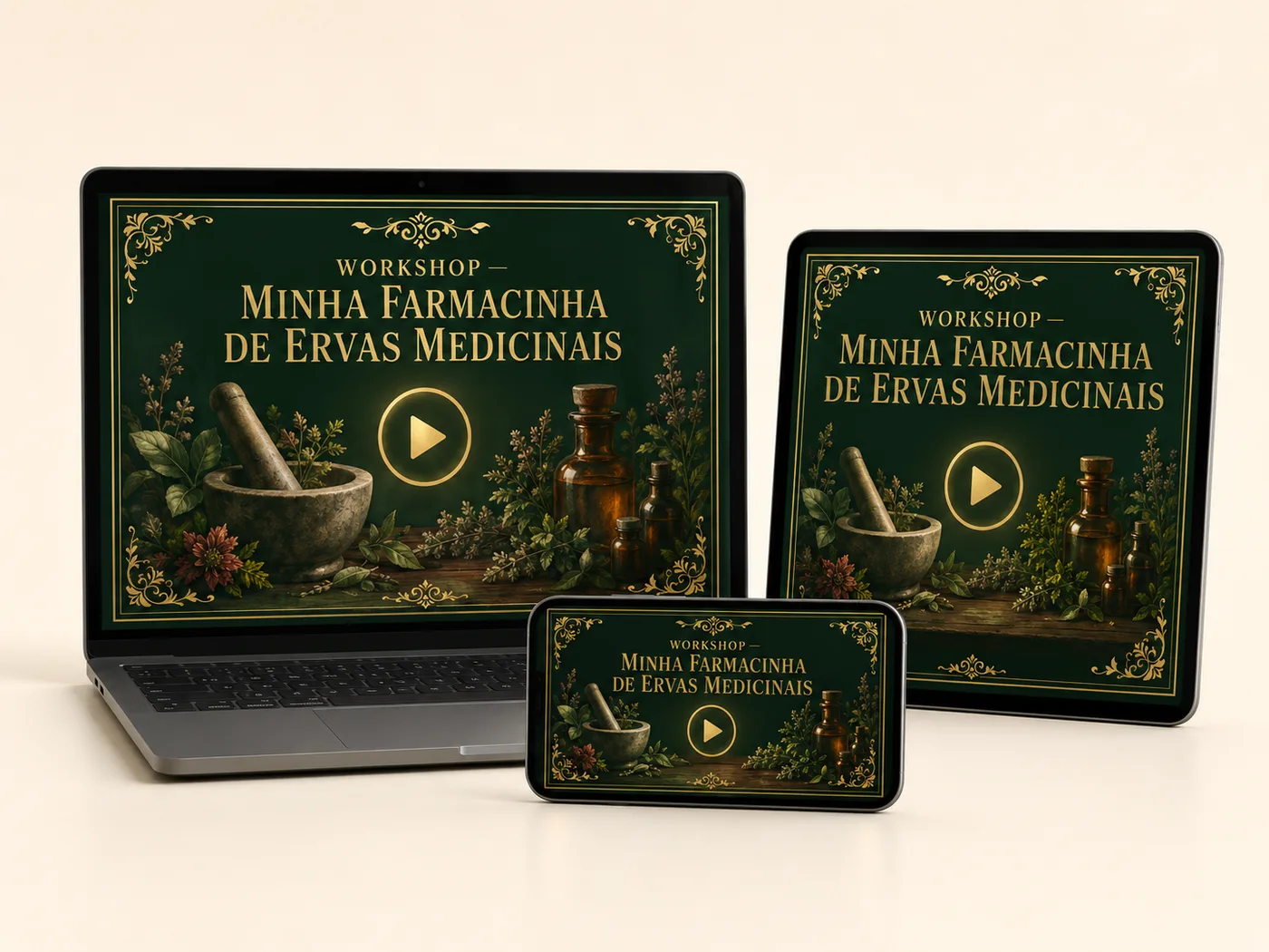 Mockup do Workshop Minha Farmacinha de Ervas Medicinais mostrado em laptop, tablet e celular com capa verde e detalhes dourados