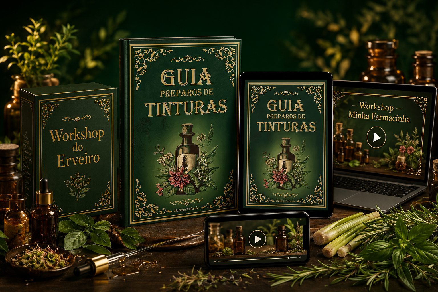 Composição da oferta completa: Guia de Tinturas, Workshop Minha Farmacinha de Ervas e Workshop do Erveiro em múltiplos dispositivos